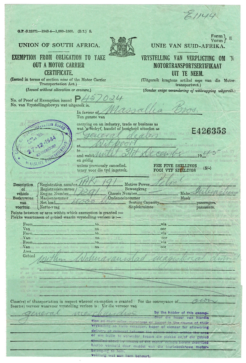 (I.B) South Africa Revenue Motor Carrier Certificate (Exemption