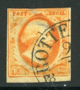 Netherlands 1852 First Issues 15¢ Orange Imperf Sc #3 VFU D824