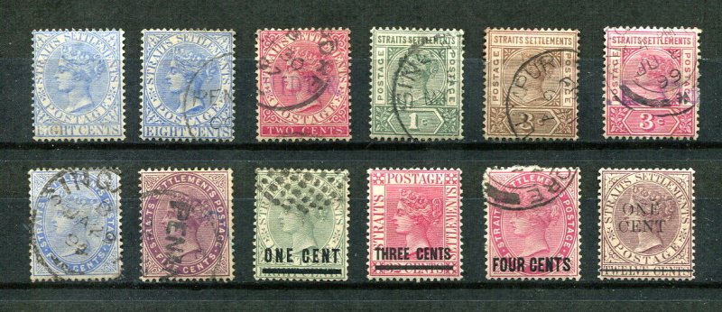 x487 - STRAITS SETTLEMENTS Lot of (12) QV Period Stamps. Used, Mint