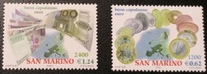 2001 SAN MARINO. Introduction of the Euro. Complete Series 2 Stamps. Mi #1980/1. NHM-