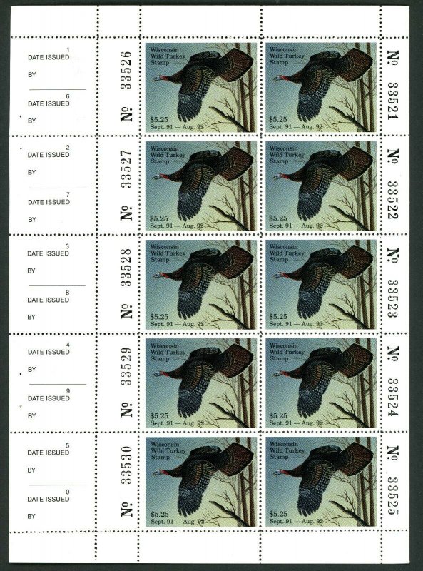 WISCONSIN 1991 STATE TURKEY STAMP FULL NH PANE OF 10 by David Constantine