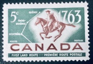 Canada #413 5¢ First Land Route (1963). Unused. Light hinge mark.