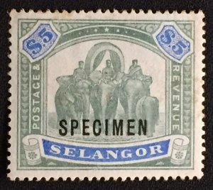 MALAYA SELANGOR 1895-99 SPECIMEN opt $5 Elephants SG#64s M3862