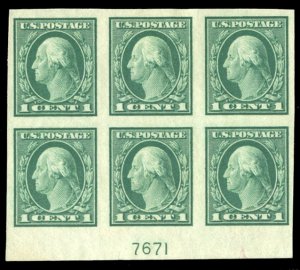 United States, 1910-30 #481 Cat$30, 1916 1c green, plate block of six, hinged