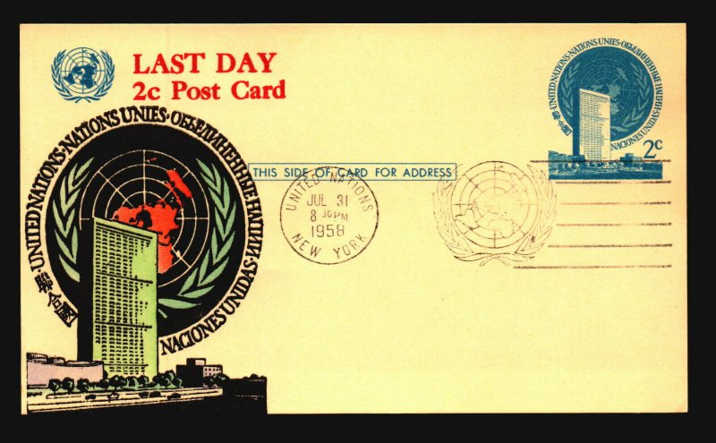 UN 1958 Last Day 2c Postal Card / Hand Colored Cachet - L3769