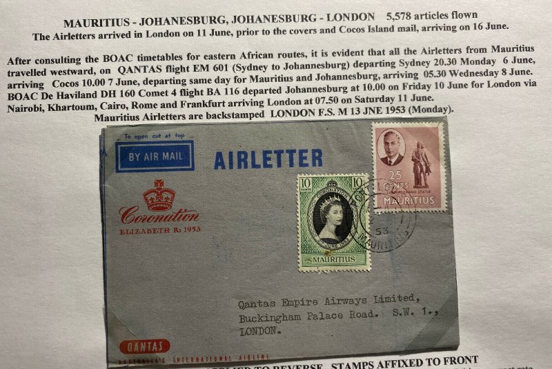 1953 Mauritius Air Letter Cover FDC To London Queen Elizabeth II Coronation B 