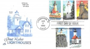 1995 FDC, #2969-2973, 32c Great Lakes Lighthouses, Art Craft