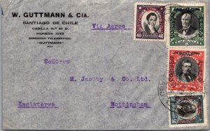 SCHALLSTAMPS CHILE 1932 AIRMAIL COVER MULT FRANKING ADDR ENGLAND CANC SANTIAGO