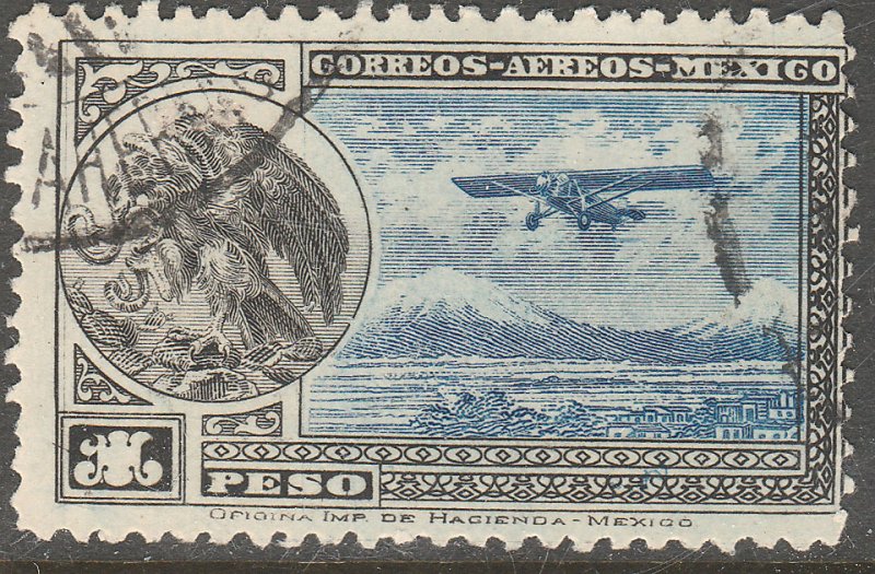 MEXICO C17, $1P Early Air Mail Plane and coat of arms USED. VF. (1361)