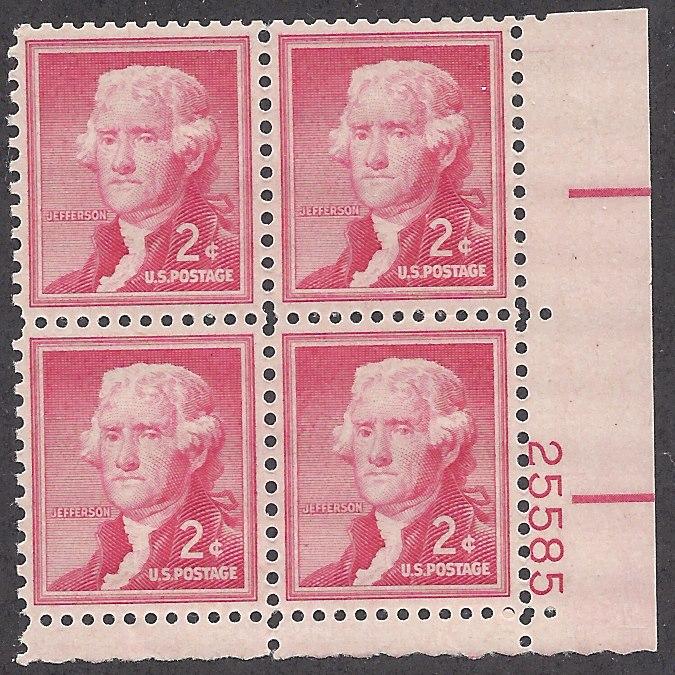 1033 Plate block 2cent Thomas Jefferson Liberty definitive