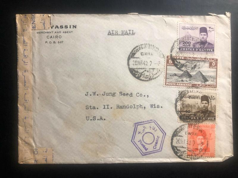 1943 Cairo Egypt Gresham Censored Airmail Cover to Randolph Wi USA