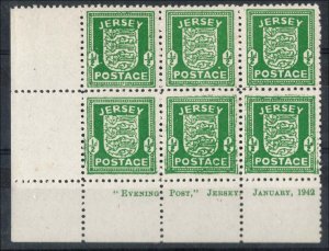 Jersey 1942 Arms ½d greyish paper imprint corner block of 6 unmounted mint cat