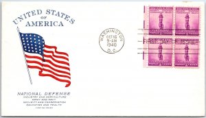 U.S. FIRST DAY COVER NATIONAL DEFENSE 3c BLOCK OF (4) ON PATRIOTIC CACHET 1940