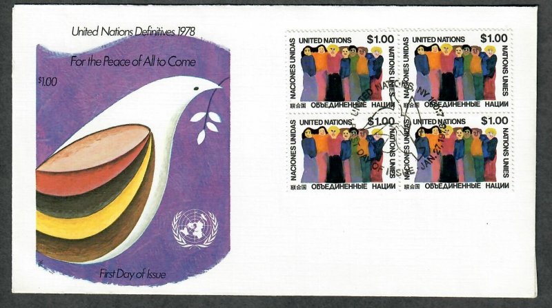 UN New York #294 People of the World unaddressed block of 4 FDC