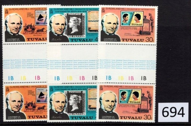 $1 World MNH Stamps 694 Tuvalu 122-24 Gutter Pair Rowland Hill set of 3