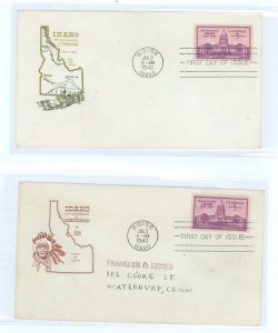 US 896 1940 3c Idaho Statehood/50th anniversary (singles) on two first day covers with different cachets: House of Farnum and Ca