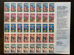 1976 American Bible Society Christmas Seals Stamps Full Sheet