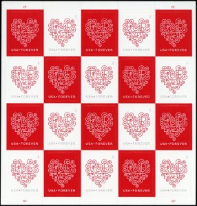 4955CF1, Counterfeit Pane of 20 Red and White Hearts Stamps