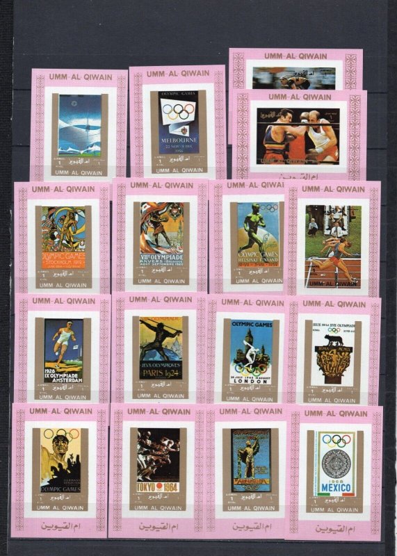 UMM AL QIWAIN 1972 OLYMPIC GAMES SET OF 16 DELUXE S/S IMPERF. ROSE PAPER MNH