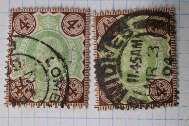 GB sc#133 used postage stamp sg#236 perfin cv$70.00 color shade variety green