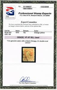 GENUINE SCOTT #433 USED 1914 ORANGE YELLOW PSE CERT GRADED VF-XF 85J JUMBO