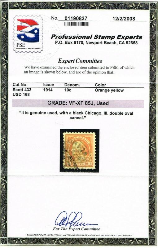 GENUINE SCOTT #433 USED 1914 ORANGE YELLOW PSE CERT GRADED VF-XF 85J JUMBO