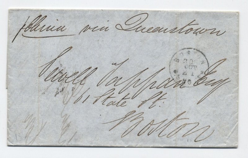 1868 Liverpool to Boston stampless 21 U.S. Notes CDS marking [45.587]