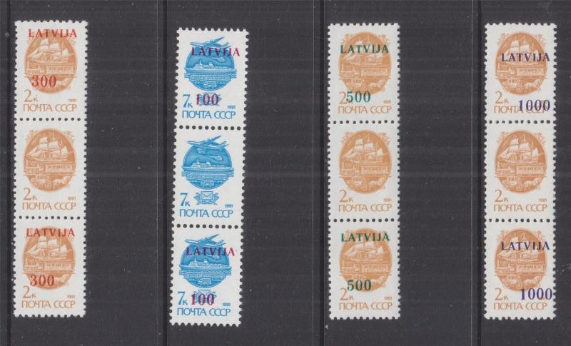 LATVIA, 1991 on Russia set of 4, missing overprint in center of strips of 3, mnh