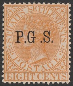 MALAYA - Perak 1889 'P.G.S' on QV Straits 8c, variety wide space. Certificate.