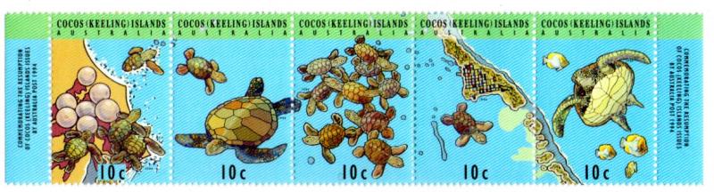 COCOS ISLAND 290 MNH STRIP/5 SCV $1.60 BIN $0.80 MARINE LIFE