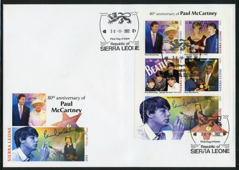 SIERRA LEONE 2022 80th ANNIVERSARY OF PAUL McCARTNEY SHEET FIRST DAY COVER