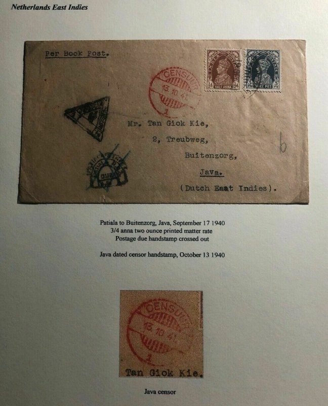 1940 Patiala India Censored Cover To Buitenzorg Netherlands Indies