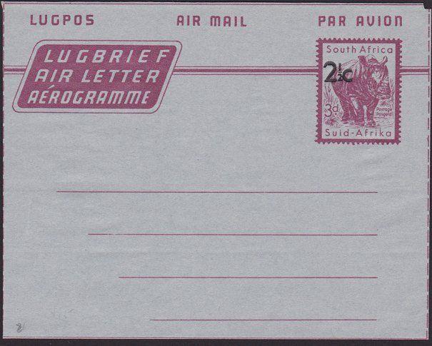 SOUTH AFRICA 2½c on 3d Rhino aerogramme unused..............................7587