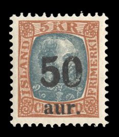 Iceland #138 Cat$65+ (for hinged), 1925 50a on 5k orange brown and slate blue...