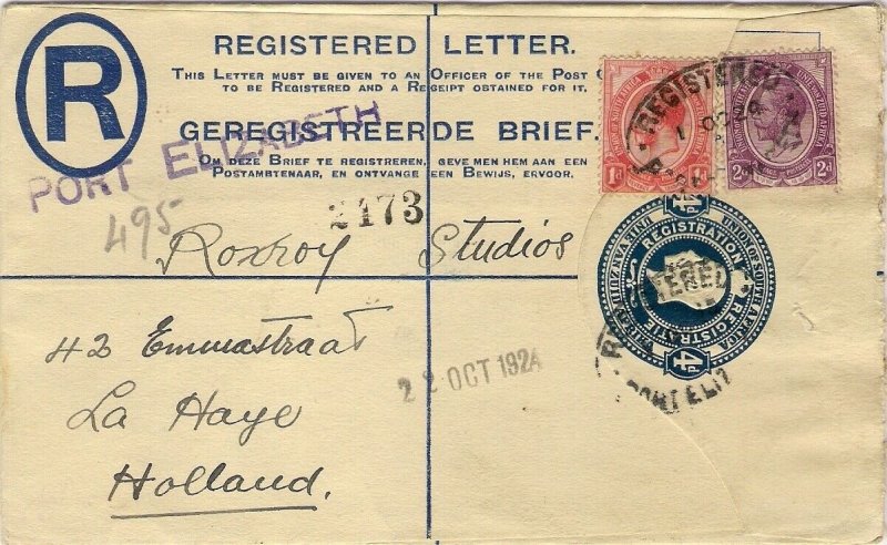 1924 South Africa 4d Registered Postal Stationery Envelope PORT ELIZABETH Hague