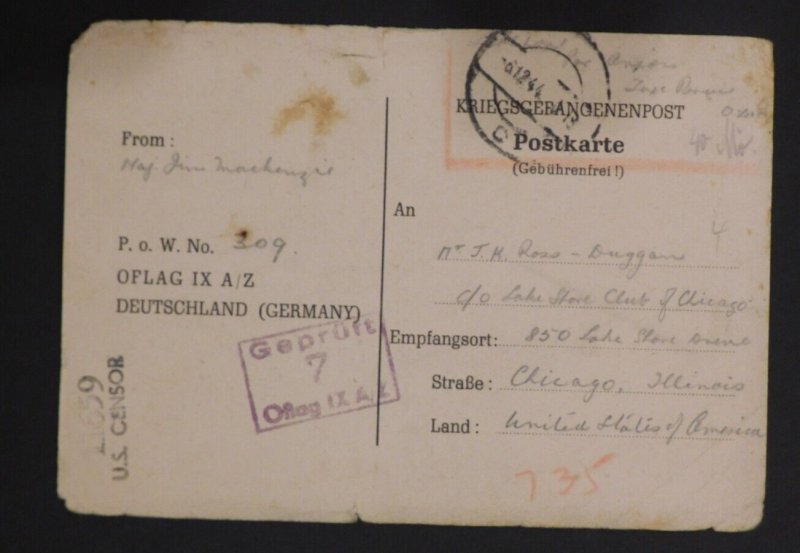 1944 Oflag 9 A/Z  Germany POW Camp Christmas Postcard Cover to Chicago IL USA