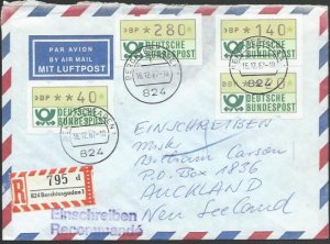 GERMANY 1987 Registered airmail cover to New Zealand - nice franking.......11267