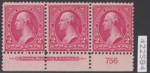 #279BC F-VF UNUSED PLATE # STRIP OF 3 WITH PFC CV $1150.00 BS9096A