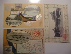 JAPAN  CANCELS on 3 DIFF. PICTURE CARDS MAP,VIEWS,TEMPLE