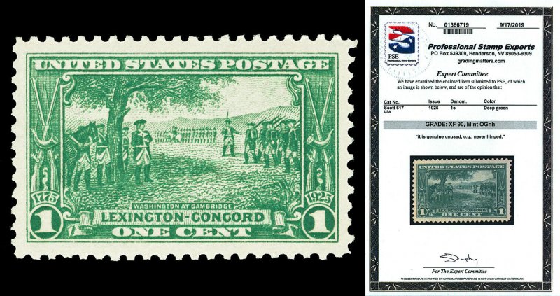 Scott 617 1925 1c Lexington-Concord Issue Mint Graded XF 90 NH with PSE CERT!