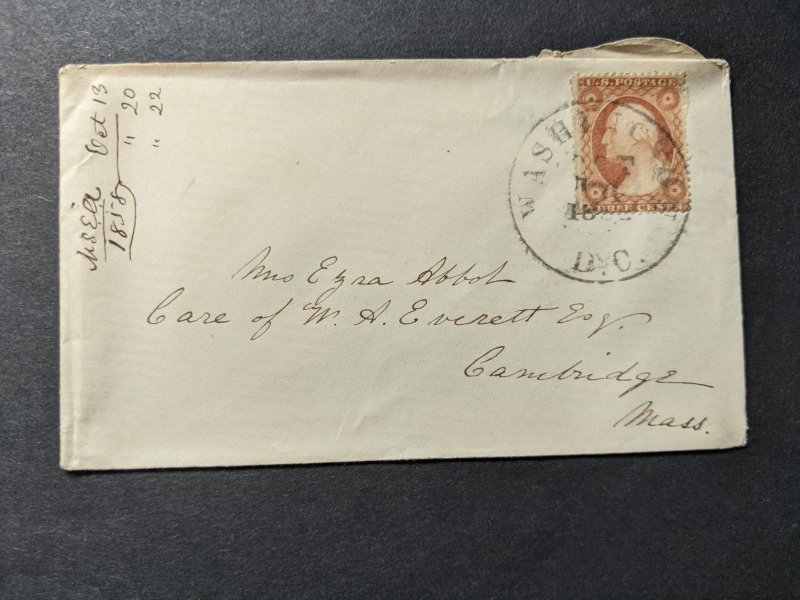 1858 WASHINGTON, DC to CAMBRIDGE, MASS #25 or #26 Postal History Cover 