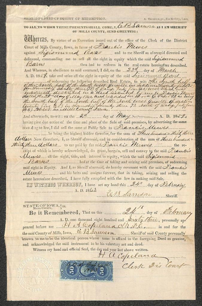 USA R60A Revenue Stamp Sheriff's Deed of Equity Mills County Iowa EMU
