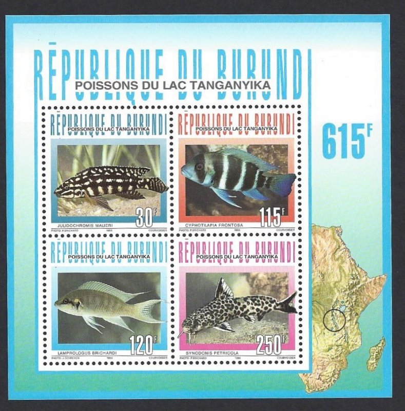 Burundi #746-49a MNH set c/w ss, various fish of Lake Tanganyika issued 1996