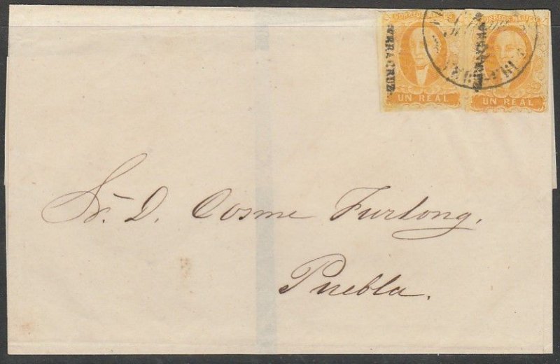 MEXICO-Veracruz 2, 1R TWO STAMPS ON FOLDED COVER TO PUEBLA. VF. (T29)