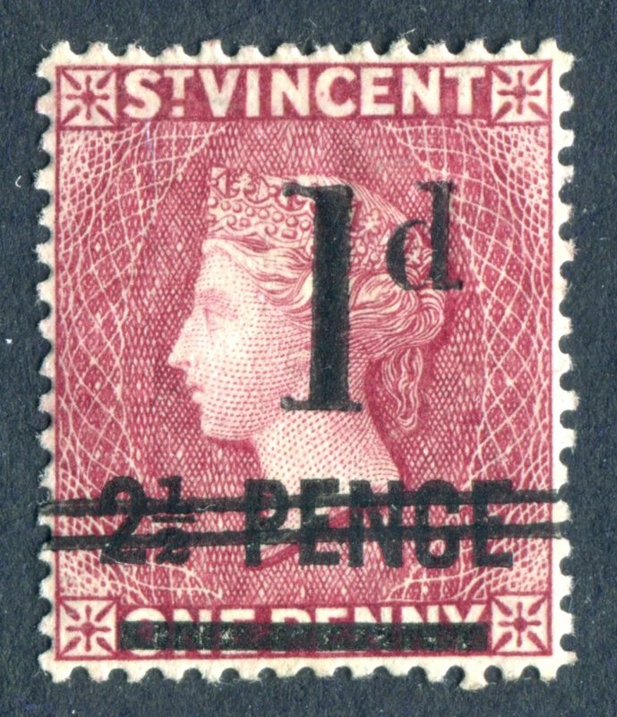 St Vincent 1885 QV. 1d on 2 1/2d on 1d lake. Mint. LH. SG46.