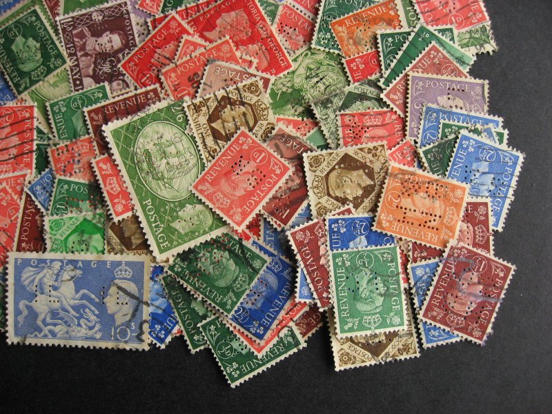 Great Britain 200 perfins mostly KEVIII, KGVI era mixture(duplicates,mixed cond)