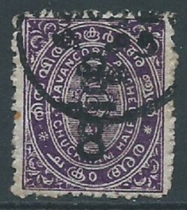 India-Travancore, Sc #11, 3/8ch on 1/2ch, Used