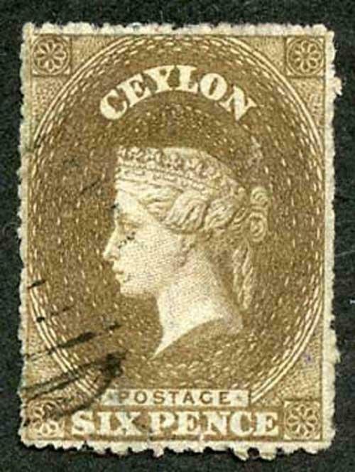 Ceylon SG31b 6d Olive-sepia Wmk Star Rough Perf 14 to 15.5 Cat 120 pounds (THIN)