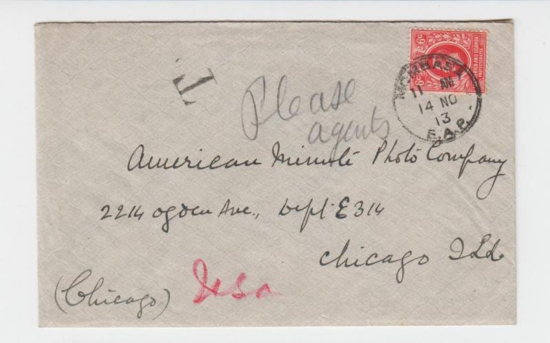 KUT BRITISH 1913 SHORT PAID COVER TO USA, T MK NO CIRCLE, 6c RATE(SEE BELOW)