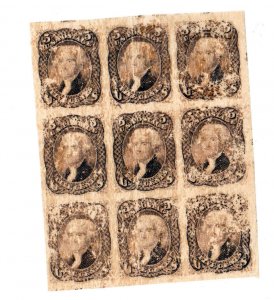 USA #79-E67P5 Very Fine Plate Proof Block Of Nine On Gold Beaters Skin Paper OG